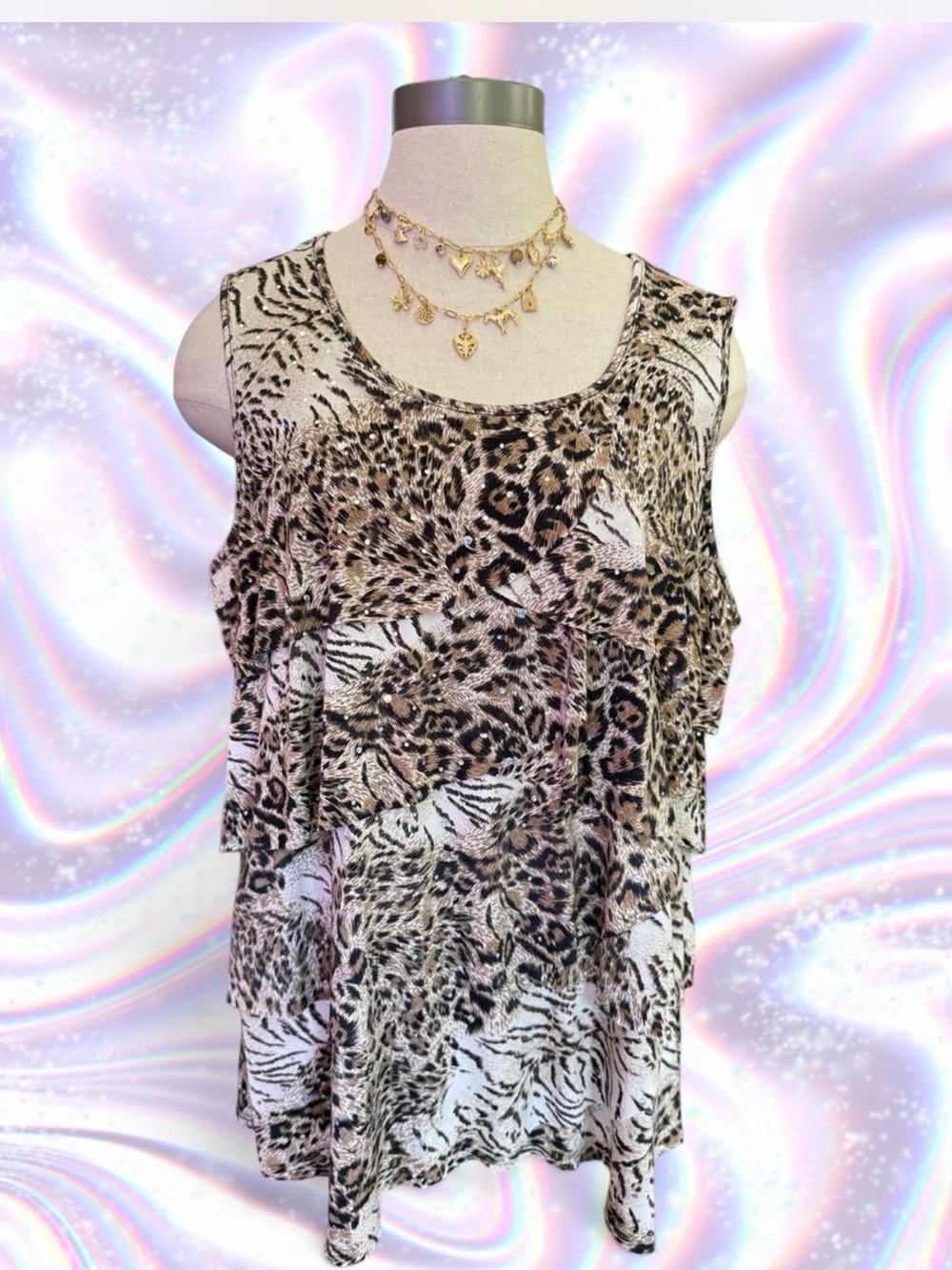 Roz & Ali Brown and Black Ruffle Animal Print Tank